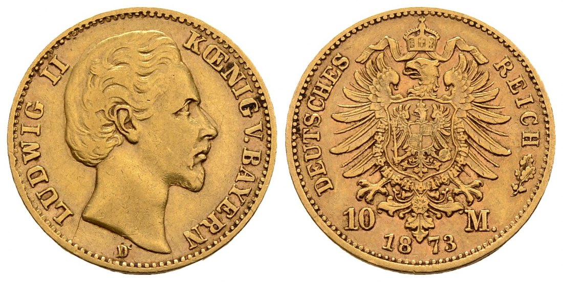 PEUS 2901 Kaiserreich - Bayern 3,58 g Feingold. Ludwig II. (1864 - 1886) 10 Mark GOLD 1873 D Sehr schön
