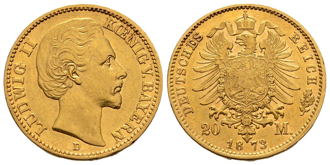 PEUS 2902 Kaiserrreich - Bayern 7,16 g Feingold. Ludwig II. (1864 - 1886) 20 Mark GOLD 1873 D München Sehr schön