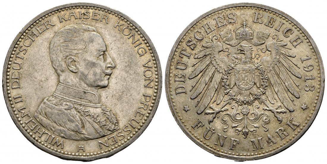 PEUS 2920 Kaiserreich - Preußen Kaiser in Kürassieruniform 5 Mark 1913 A Kl. Randfehler, Sehr schön