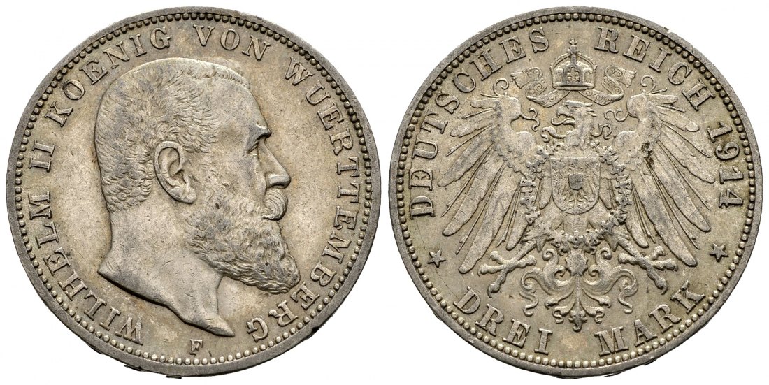 PEUS 2922 Kaiserreich - Württemberg Wilhelm II. (1891 - 1918) 3 Mark 1914 F Sehr schön
