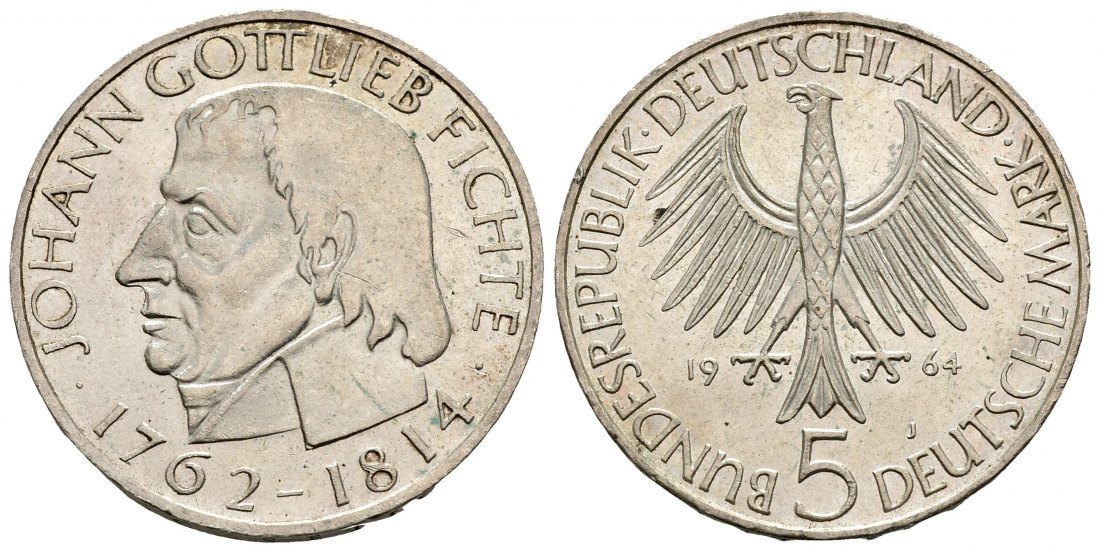 PEUS 2923 BRD Johann Gottlieb Fichte (1762 - 1814) 5 Mark 1964 J Kl. Kratzer + Randfehle, fast Vorzüglich