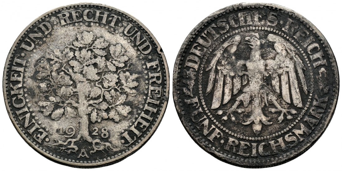 PEUS 2926 Weimarer Republik Eichbaum 5 Reichsmark 1928 A Schön