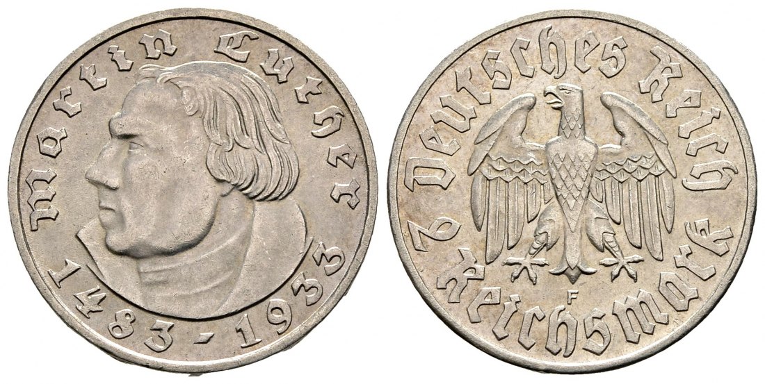 PEUS 2927 Drittes Reich 450. Geburtstag v. Martin Luther 2 Reichsmark 1933 F Kl. Kratzer, Sehr schön +