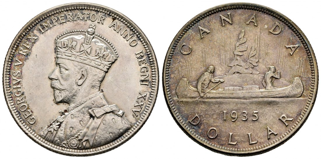 PEUS 2932 Kanada 18,66 g Feinsilber. Georg V. / Indianerkanu Dollar SILBER 1935 Sehr schön +