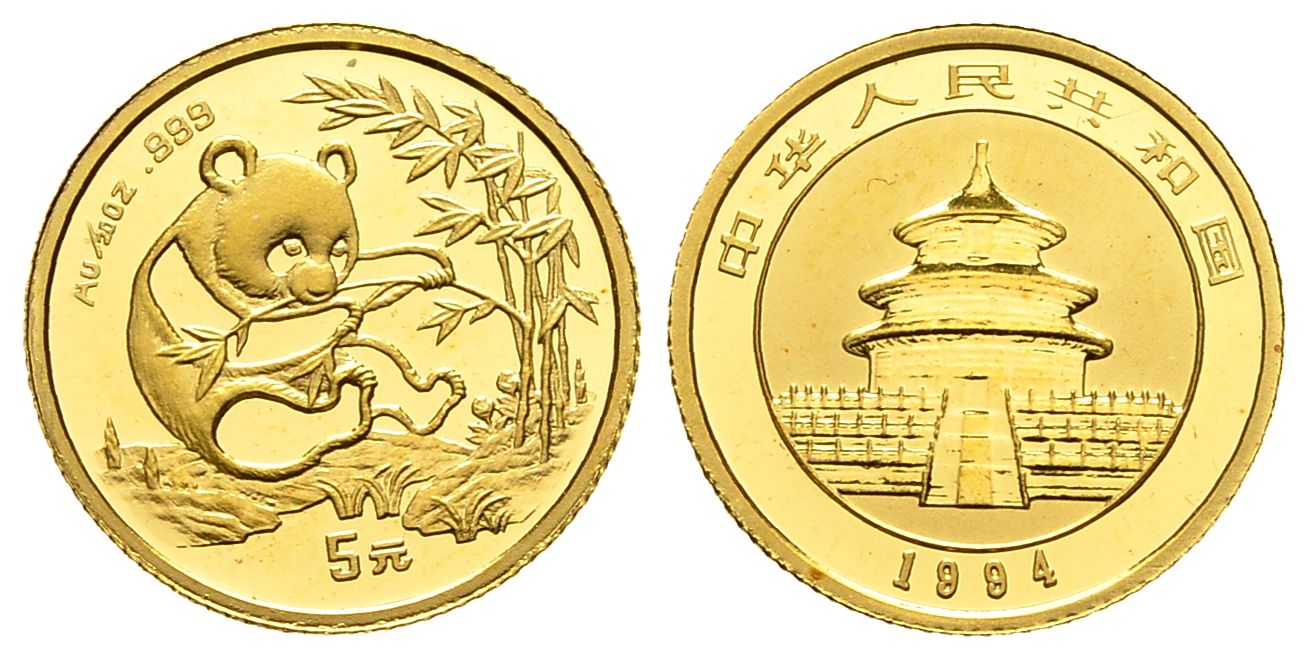 PEUS 2938 China 1,55 g Feingold. Sitzender Panda 5 Yuan GOLD 1/20 Unze 1994 Vorzüglich +
