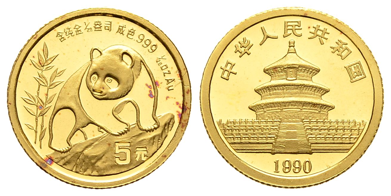 PEUS 2939 China 1,56 g Feingold. Panda auf Ast 5 Yuan GOLD 1/20 Unze 1990 Rote FleckenImpaired Proof / Vz + aus PP