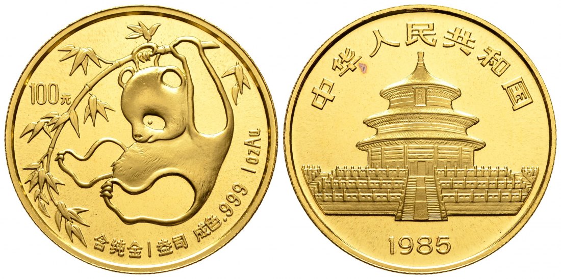 PEUS 2941 China 31,1 g Feingold. Panda hängt am Ast 100 Yuan GOLD Unze 1985 Roter Fleck, Uncirculated (berührt)
