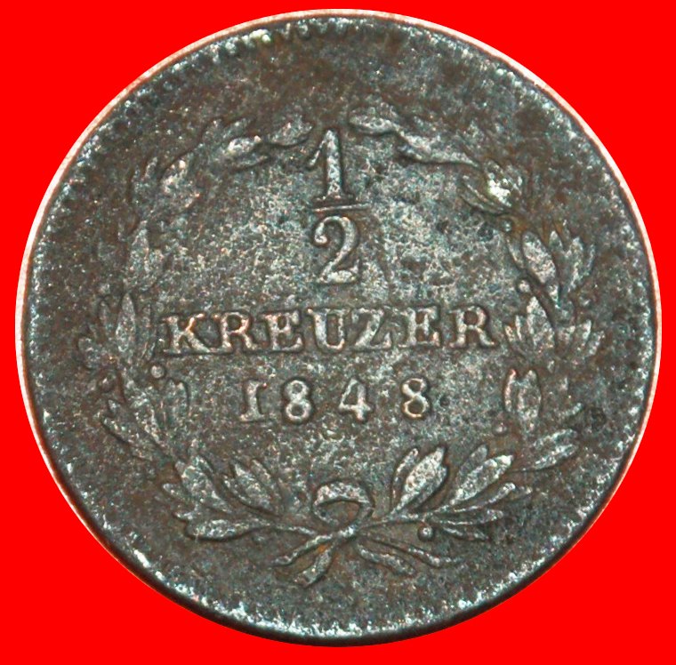  + BADEN (1842-1852): DEUTSCHLAND ★ 1/2 KREUZER 1848! LEOPOLD (1830-1852)OHNE VORBEHALT!   