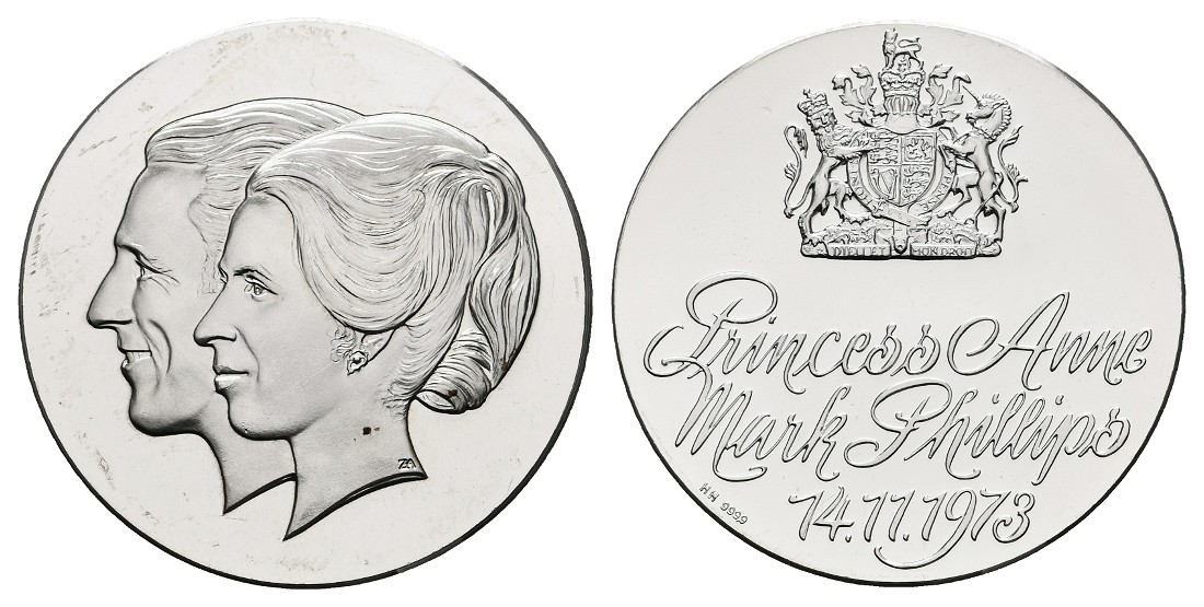  Linnartz Großbritannien Silbermedaille 1973 a.d. Hochzeit Anne & Mark PP Gewicht: 15,0g/999er   
