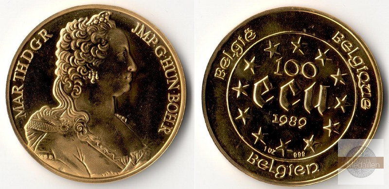 Belgien MM-Frankfurt Feingewicht: 31,10g Gold 100 ECU Maria Theresia 1989 vz/pp