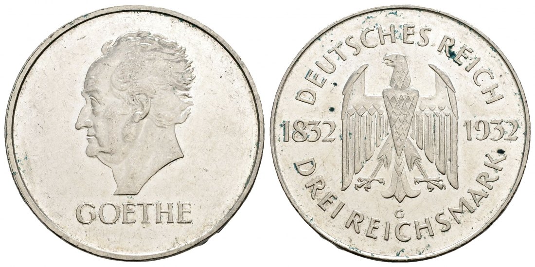 PEUS 2951 Weimarer Republik 100. Todestag Goethes 3 Reichsmark 1932 G Kl. Kratzer, fast Vorzüglich