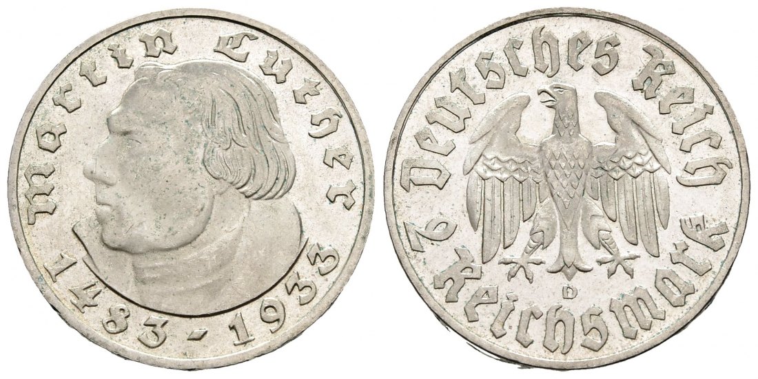 PEUS 2956 Drittes Reich 450. Geburtstag v. Martin Luther 2 Reichsmark 1933 D München Kl. Kratzer, Vorzüglich