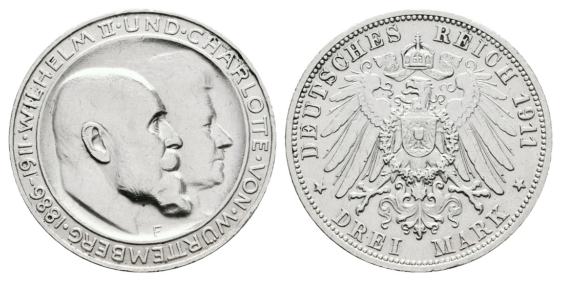  Linnartz KAISERREICH Württemberg Wilhelm II. 3 Mark 1911 F Silberhochzeit ss   