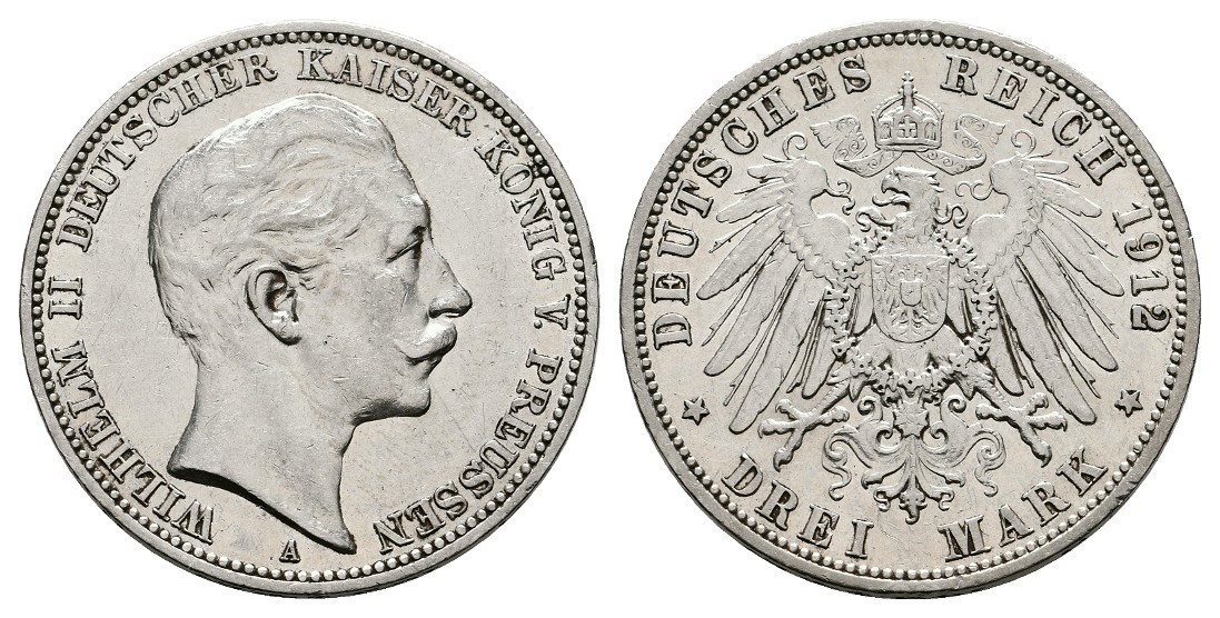  Linnartz KAISERREICH Preussen Wilhelm II. 3 Mark 1912 ss   