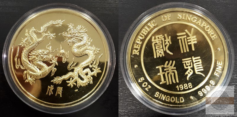 Singapur  1988 5 Unzen MM-Frankfurt Feingold: 155,5g Singold  -  Drachen  