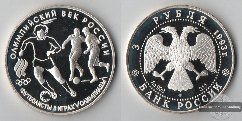  Russland 3 Rubel 1993    Olympische Spiele - Fußball    FM-Frankfurt Feinsilber: 31,1g   