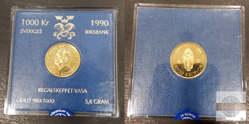 Schweden  1000 Kronen  1990 MM-Frankfurt Feingold: 5,22g Gold Die Vasa - Arme  
