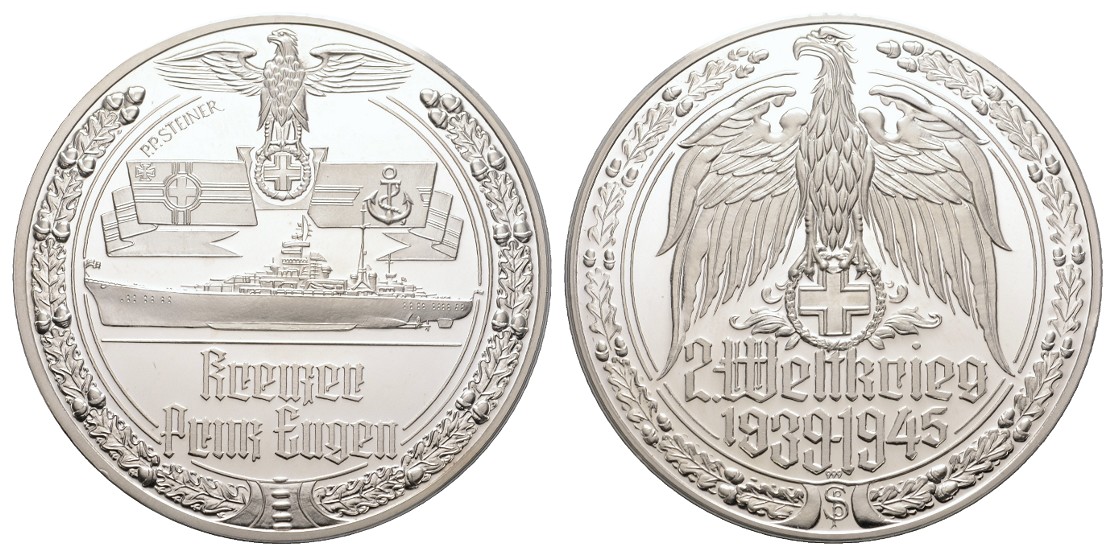  Linnartz 2. Weltkrieg Silbermedaille Kreuzer - Prinz Eugen , 35,74/fein, PP RDF.   