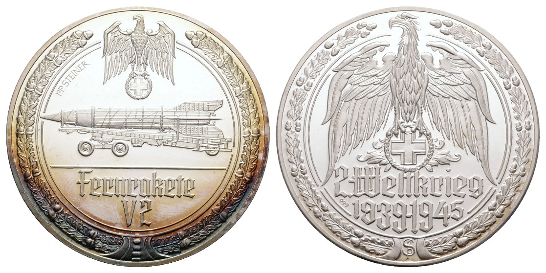  Linnartz 2. Weltkrieg Silbermedaille, Fernrakete - V2 , 34,98/fein, 50 mm, PP   