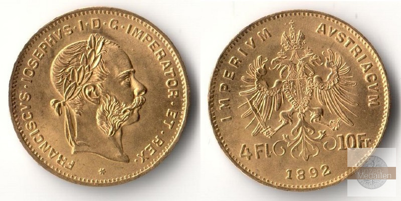 Österreich MM-Frankfurt   Feingold: 2,9g 4 Florin - 10 Francs 1892 