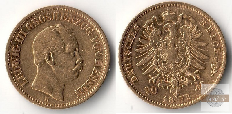 Hessen, Kaiserreich  20 Mark  1873 H MM-Frankfurt Feingold: 7,17g Ludwig III. 1848-1877  