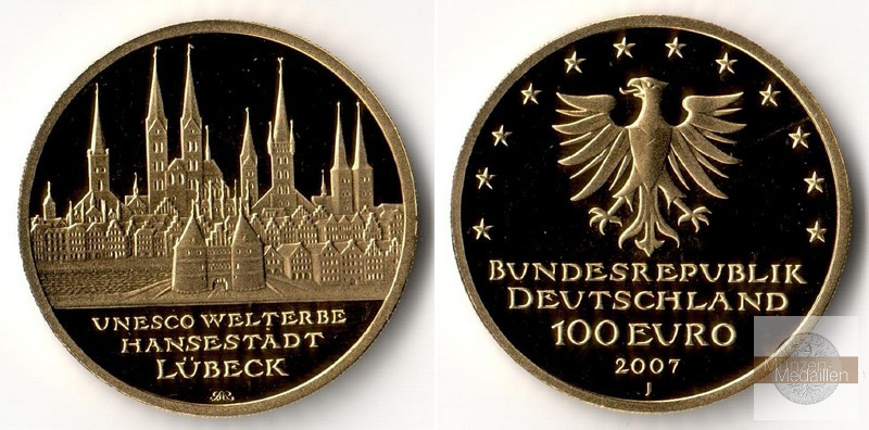 BRD  100 Euro  2007 J MM-Frankfurt  Feingold: 15,55g UNESCO Weltkulturerbe -Hansestadt Lübeck  