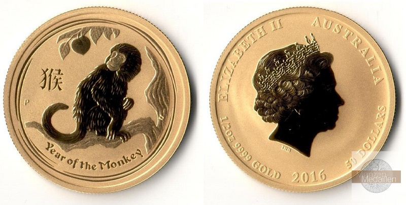 Australien 50 Dollar MM-Frankfurt Feingewicht: 15,55 g Gold Jahr des Affen Lunar II 2016 