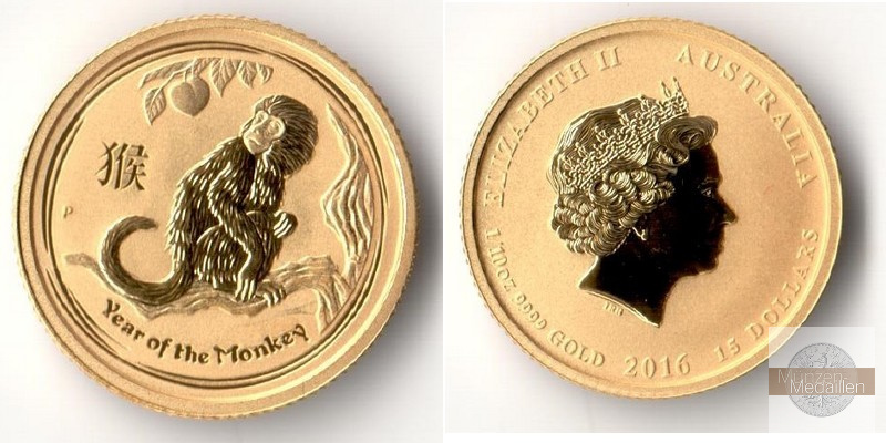 Australien 15 Dollar MM-Frankfurt Feingewicht: 3,11 g Gold Jahr des Affen Lunar II 2016 