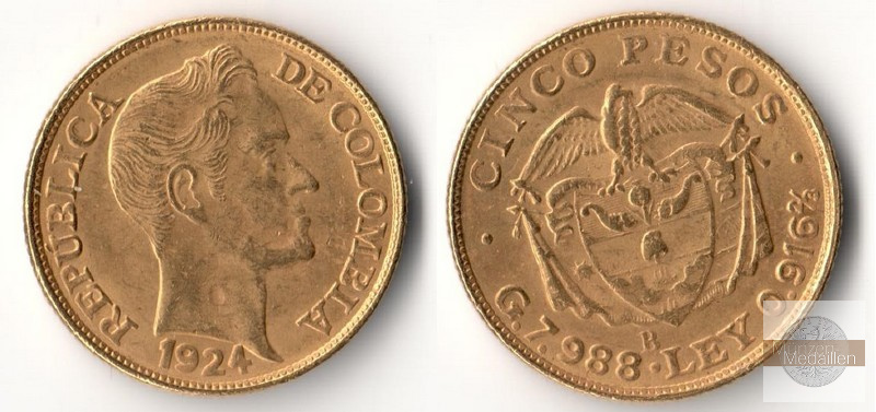 Kolumbien  5 Pesos  1924 MM-Frankfurt   Feingold: 7,32g Simon Bolivar  