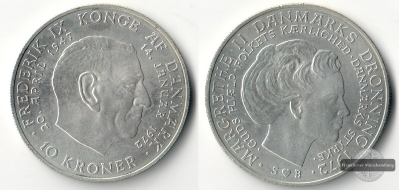  Dänemark  10 Kroner 1972 Frederik IX. / Margrethe II. FM-Frankfurt  Feingewicht: 16,32g  Silber   