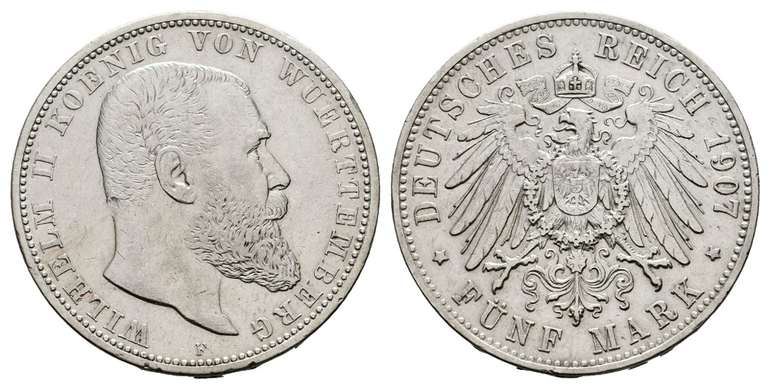  Linnartz KAISERREICH Württemberg Wilhelm II. 5 Mark 1907 F ss   