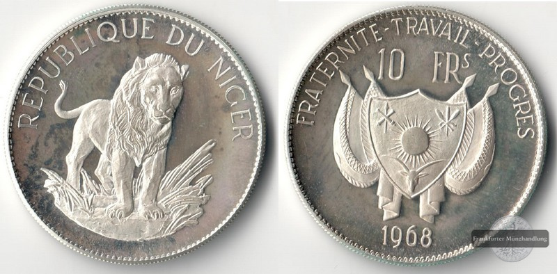  Niger 10 Francs 1968 Löwe FM-Frankfurt Feingewicht: 18g Silber   