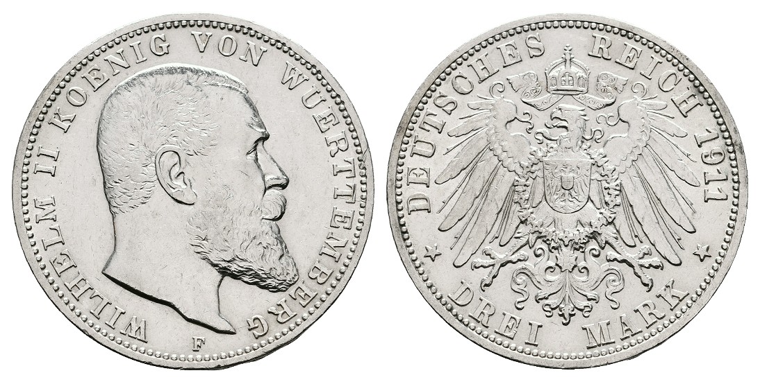  Linnartz KAISERREICH Württemberg Wilhelm II. 3 Mark 1911 F poliert ss+   