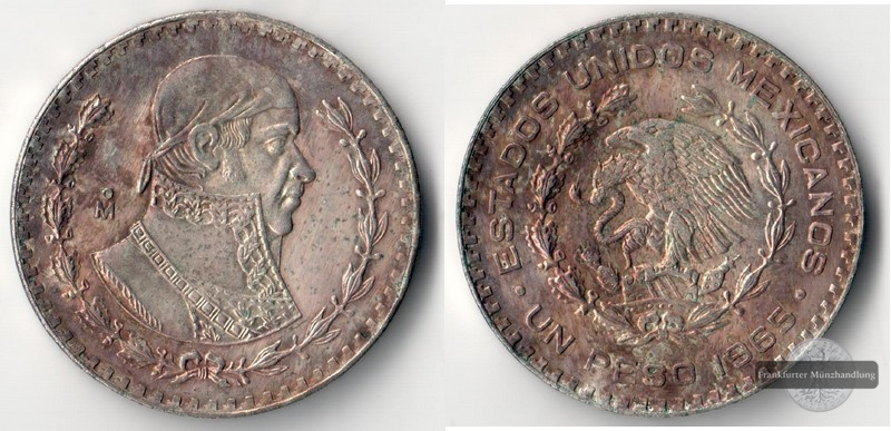  Mexico  1 Peso  1965 Jose Morelos FM-Frankfurt  Feingewicht: 1,6g Silber   
