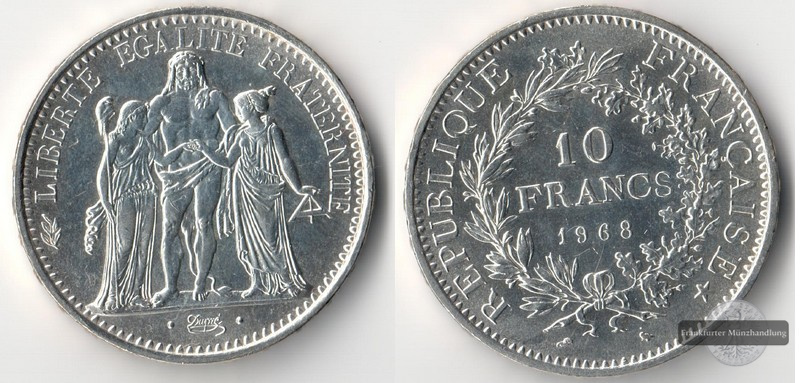  Frankreich  10 Francs  1968 Herkules FM-Frankfurt  Feingewicht: 22,5g  Silber   