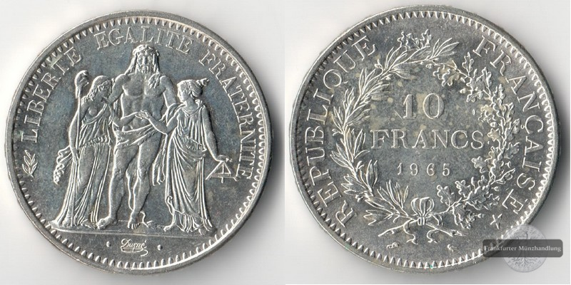  Frankreich  10 Francs  1965 Herkules FM-Frankfurt  Feingewicht: 22,5g  Silber   
