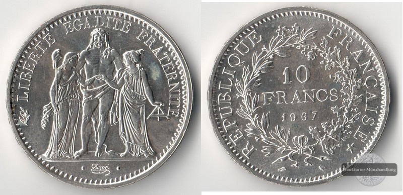  Frankreich  10 Francs  1967 Herkules FM-Frankfurt  Feingewicht: 22,5g  Silber   
