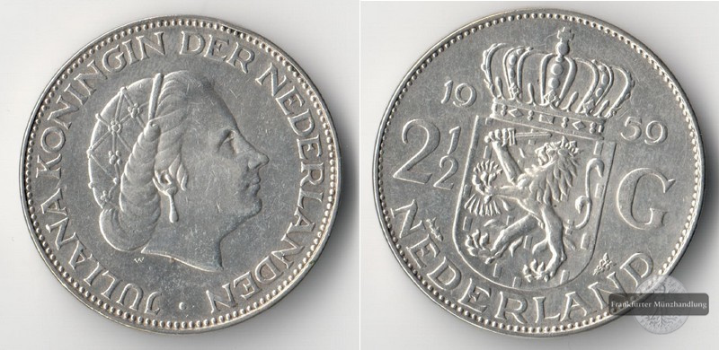  Niederlande  2 1/2  Gulden   1959  FM-Frankfurt  Feingewicht: 10,8g Silber   