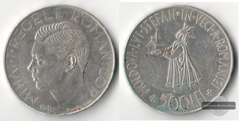  Rumänien  500 Lei  1941  Mihai I  FM-Frankfurt Feingewicht: 20,88g Silber   