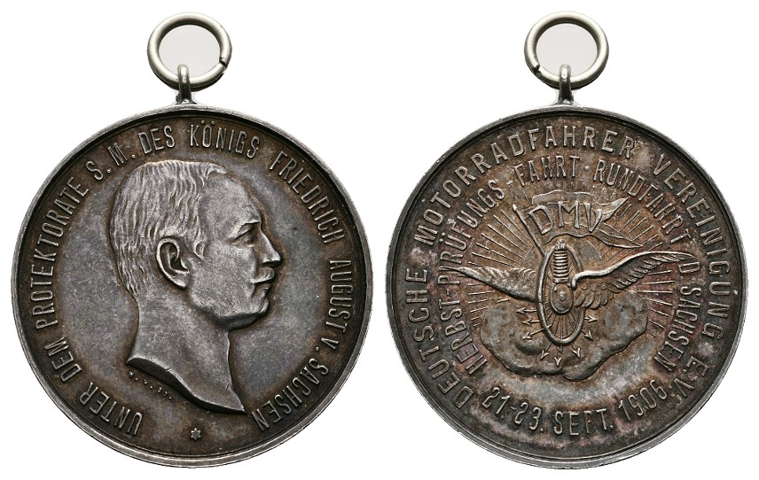  Linnartz Sachsen Friedrich August III. Silbermedaille 1906 dt. Motorradfahrer Gewicht: 20,2g   