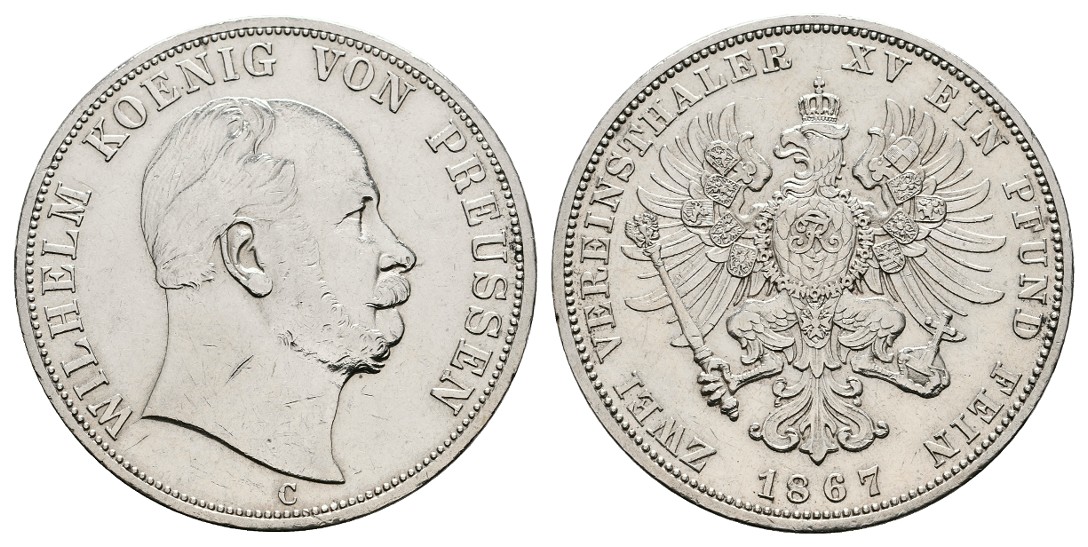  Linnartz Preussen Wilhelm I. Doppelter Vereinstaler 1867 C Rand geglättet ss+   