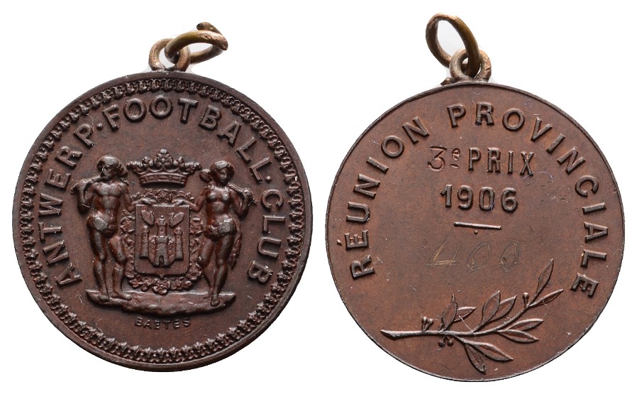  Linnartz BELGIEN,Antwerpen Tragbare Bronze Preismedaille 1906 (v. Baetes), Fussball 28 mm, vz   