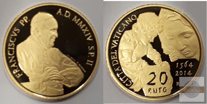  Vatikan  20 Euro  2014   450. Jahrestag des Todes von Michelangelo   MM-Frankfurt Feingold: 5,5g   