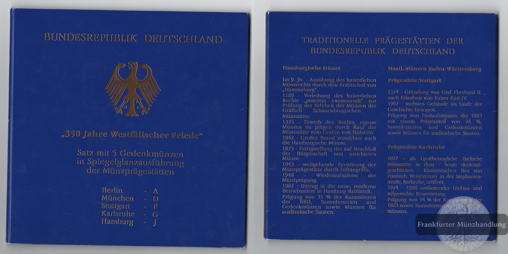  BRD  5 x 10 DM  1998 A-J 350 Jahre Westfälischer Friede FM-Frankfurt  Feinsilber: 71,65g   