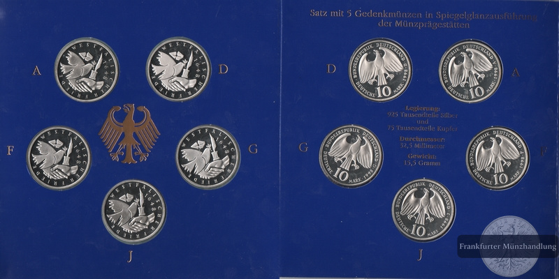  BRD  5 x 10 DM  1998 A-J 350 Jahre Westfälischer Friede FM-Frankfurt  Feinsilber: 71,65g   