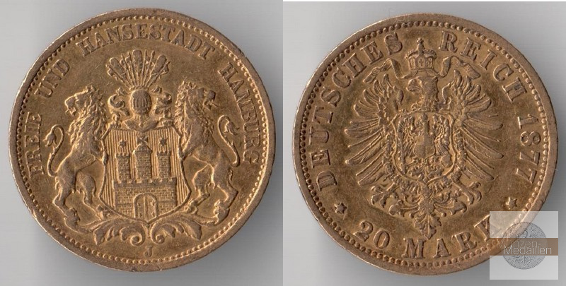Hamburg, Kaiserreich  20 Mark  1877 J MM-Frankfurt Feingold: 7,17g   