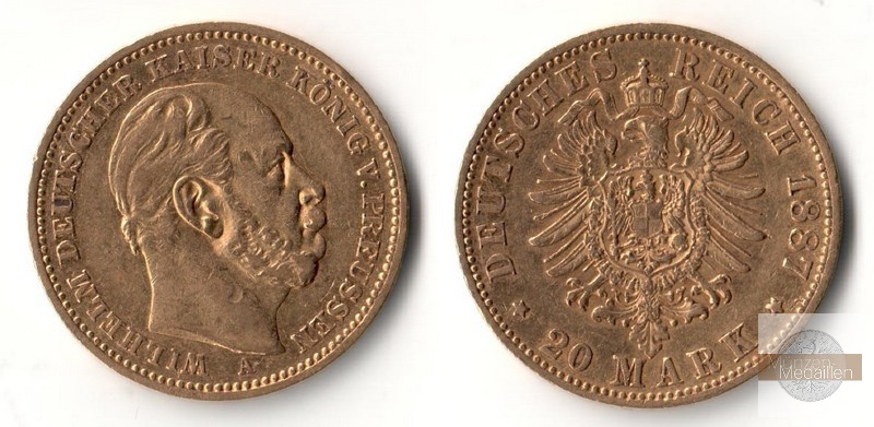 Preussen, Kaiserreich  1887 A  20 Mark MM-Frankfurt Feingold: 7,17g Wilhelm I. 1861-1888  