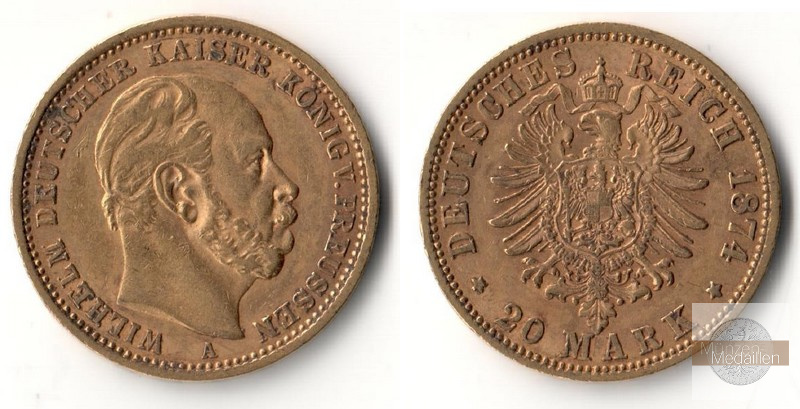 Preussen, Kaiserreich 20 Mark  1874 A MM-Frankfurt Feingold: 7,17g Wilhelm I. 1861-1888  
