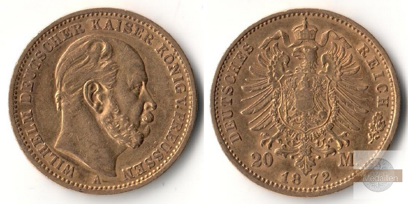 Preussen, Kaiserreich  1872 A  20 Mark MM-Frankfurt Feingold: 7,17g Wilhelm I. 1861-1988  