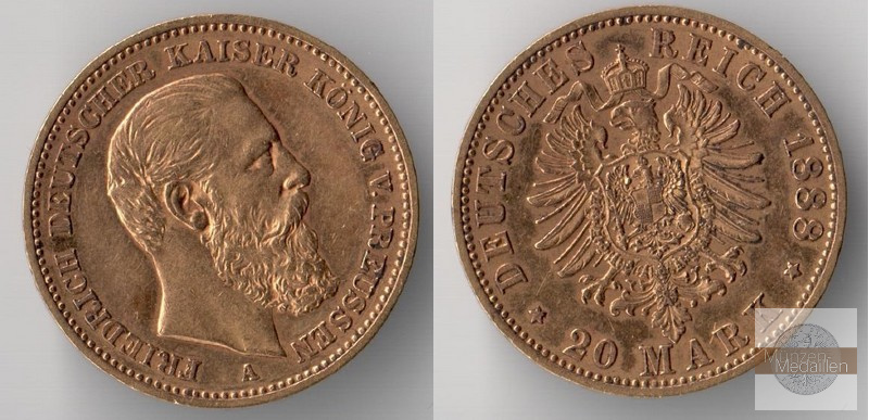 Preussen, Kaiserreich  20 Mark  1888 A MM-Frankfurt Feingold: 7,17g Friedrich III. 1888  